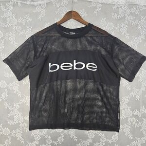Bebe Sport Mesh Top Activewear Athleisure‎ T-Shirt Women's 1X Black Sheer Logo